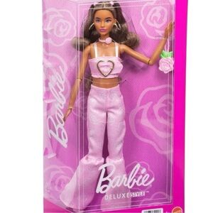Barbie Deluxe Style Doll #12 in Pink Denim Crop Top and Flare Jeans, Brunette